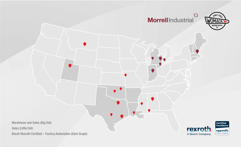 U.S. map depicting where Morrell Industrial has sales locations and office/warehouse spaces